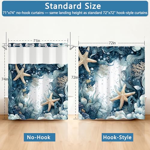 No Hook Spa-Like Ocean Shower Curtain, Blue Shower Curtains for Bathroom with Snap in Weighted Shower Curtain Liner and See Through Window, Starfish Nautical Bathroom Decor, 71x74 Inches - color: Deep Blue Seascape