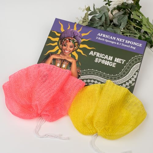 Bathway African Net Sponge Authentic with Handles (Set of 2), African Exfoliating Net Sponge, Exfoliating Body Scrubber Bath Sponge - Bathing Accessories with Storage Bag (Rose & Bright Yellow) - color: Rose & Bright Yellow