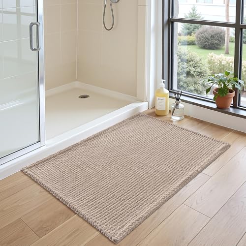 DEXI Bathroom Rugs 24x16, Non Slip Washable Bath Mat, Absorbent Chenille Bathmat, Ultra Soft Thick Carpet for Tub Shower Floor, Dark Beige - color: Dark Beige, size: 24" X 16" (Rectangular)