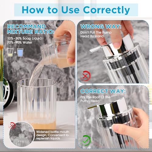 Potchen 2 Pcs Refillable Foaming Hand Soap Dispenser 10 oz Plastic Dispenser Pump Lotion Foaming with Silver Pump for Bathroom Vanities Kitchen(Clear) - color: Clear