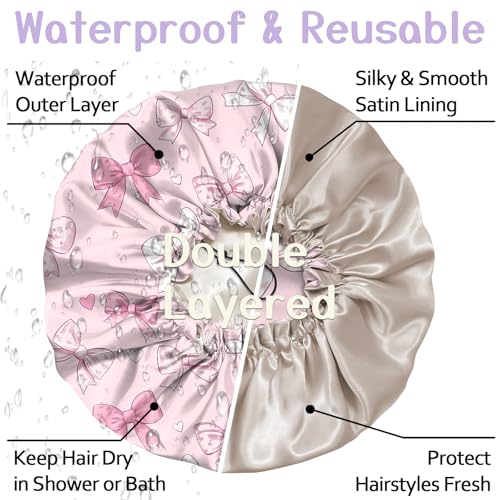 Luxury Shower Cap Silk Satin Lined Waterproof Reusable Adjustable Elastic Dry Hair Bathing Caps Cute for Women Girls-Pink Bowknot - color: C-6-Pink Bowknot