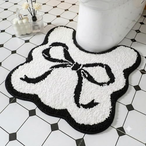 HunnmingRe Black Bow Bathroom Rug Bow Toilet Rugs 20 x 20 Inches U Shaped Luxury Scalloped Bathroom Decor Non Slip Cute Microfiber Soft Plush Bath Mat Coquette Stuff for Toilet Back to School Shower - color: Black, size: 20 x 20 Inches