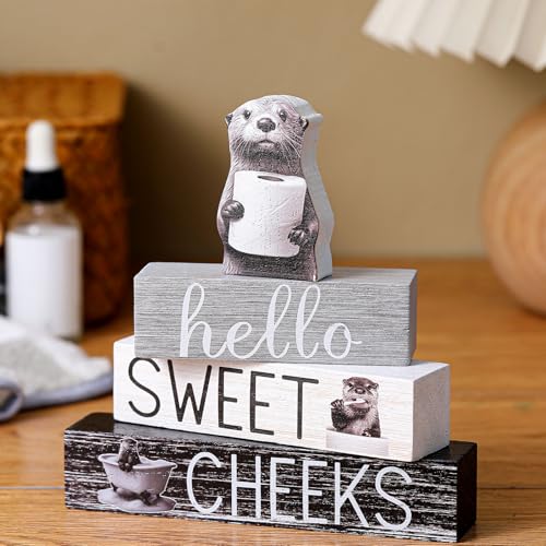 Cinnvoice 4 Pcs Otter Bathroom Decor Farmhouse Bathroom Decoration Western Hello Sweet Cheeks Table Centerpiece Gift for Christmas Valentines Back to School - style: Otter