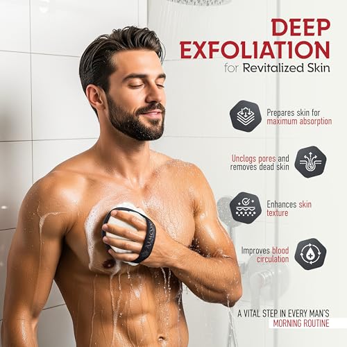 Almooni Natural Exfoliating Loofah for Men, Lightly Abrasive Egyptian Loofah Body Scrubber for Men, Dual-Sided with Cotton Back, Hand Strap, Black, 2-Count - style: Black
