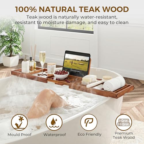 Venusmiles Teak Bathtub Tray Caddy, Foldable Bath Tray with Expandable Handles, Wine Glass and Phone Holders, Book Stand, for Home Spa Relaxation, Luxury Bathroom Accessories - Light Walnut Color - color: Light Walnut