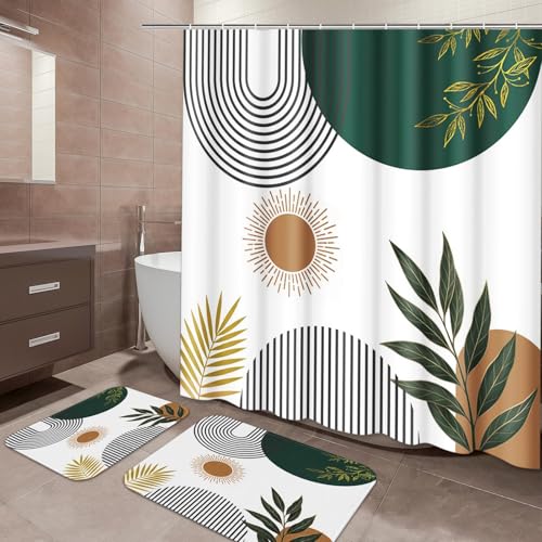 ArtSocket Mid Century Green Boho Bathroom Set with Shower Curtain and Bath Rugs and Accessories,Abstract Sun Arch Curve Leaves Geometric Non-Slip Shower Curtain Set,Bathroom Decor 3 Pcs - color: Mid Century Boho
