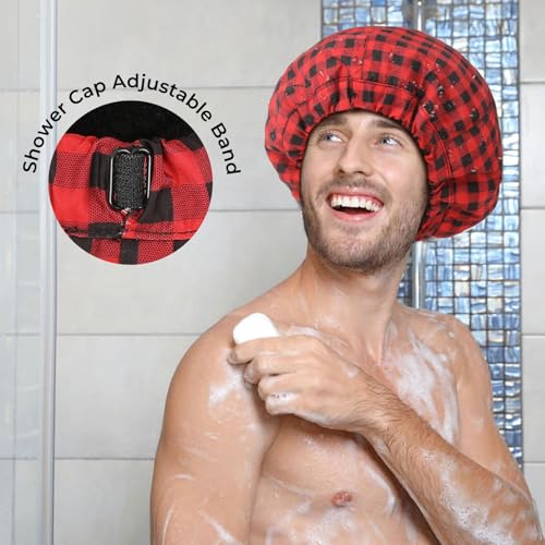 Shower Cap for Men Red Plaid Bath Cap, Reversible Large Waterproof Adjustable Shower Caps Terry Lining & Elastic Band Stretch Hem Hair Hat - color: RED PLAID