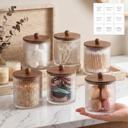 Yaomiao 6 Pcs Ribbed Bathroom Canisters Apothecary Jars with Brown Bamboo Lids and Label Stickers, 18 oz Plastic Canister with Fluted Design for Cotton Ball, Swab, Floss Picks House Storage - color: Brown
