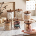 Yaomiao 6 Pcs Ribbed Bathroom Canisters Apothecary Jars with Brown Bamboo Lids and Label Stickers, 18 oz Plastic Canister with Fluted Design for Cotton Ball, Swab, Floss Picks House Storage - color: Brown