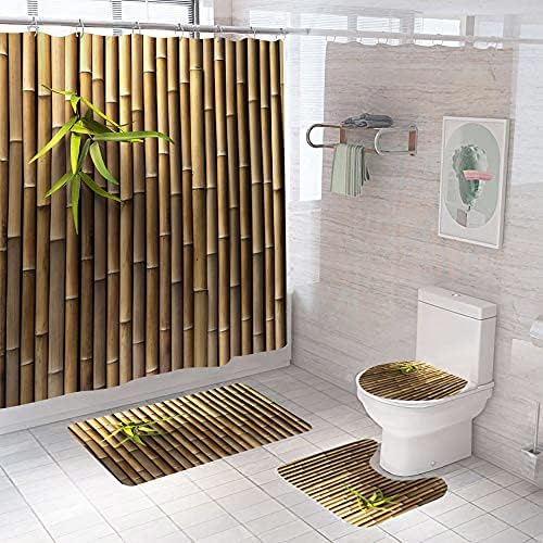 4Pcs Bamboo Shower Curtain Set with Non-Slip Rugs and Toilet Lid Cover Nature Plant 3D Printed Fabric Shower Curtain Bathroom Decor with Hooks Waterproof Washable 72"x72" Brown Green - color: Green Bamboo