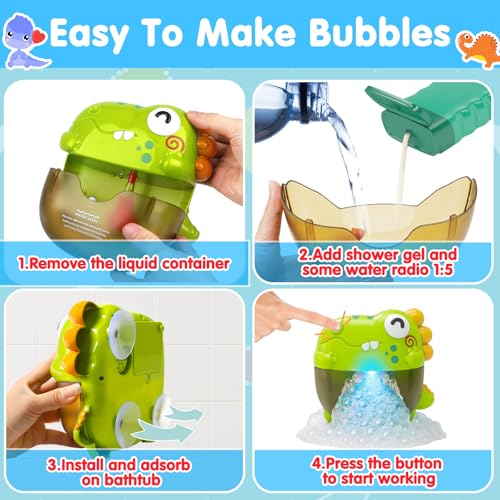 Light Up Dinosaur Bath Toys for Kids Ages 3-5 4-8, Bath Bubble Machine with Music, Bubble Maker for Bathtub, Floating Animal Bathtub Water Toys for Toddlers 3 4 5 Year Old Boys Girls Birthday Gift