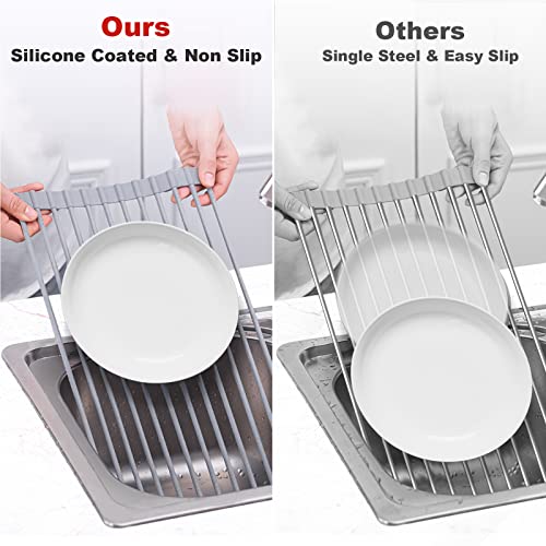 MERRYBOX Roll Up Over The Sink Dish Drying Rack Silicone Wrapped Foldable, Heat-Resistant, Anti-Slip Sink Rack Multipurpose Dish Drainer for Kitchen Sink Counter - Grey, 17.5" x 11" - color: Rectangle-grey, size: Rectangle: 17.5" x 11"