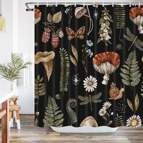Vintage Mushroom Shower Curtain, Black Botanical Floral Woodland Nature Forest Plants Witchcraft Bathroom Curtain, Waterproof Polyester with Hooks 72 x 78 inch - color: Green Red Black, size: 72"W x 78"L (Pack of 1)