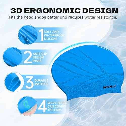 WHALE Extra Large Swim Cap Designed for Men and Women with Thick, Long Hair, Hair Extensions Or Afro-Textured Hair Long-Hair Swim Cap Highly Waterproof to Keep Hair Dry - color: Muted blue