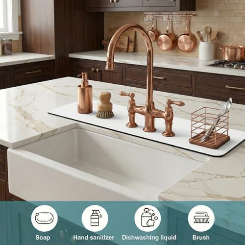 Customizable Kitchen Sink Faucet Mat: 24" Lx4 W Absorbent Splash Guard | Non-slip Fabric Rubber Mat, Cut to Fit Oval Rectangle Square Faucet & 2,3,4 Holes Irregular Sink with Soap Dispenser Air Gap