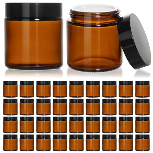 KEYWING 4oz Small Glass Jars with Black Lids, 36 Pack Amber Empty Cosmetic Containers Round Glass Jar with Inner Liners for Creams, Lotions, Ointments and Powders - color: Amber, size: 4oz-36Pack