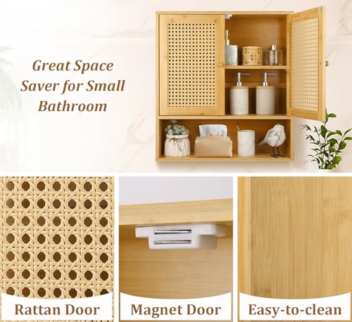 Bamboo Cabinet Wall Mount, Rattan Medicine Cabinet with Shelves and Doors, Wall Cabinet Above Toilet, Storage Organizer for Laundry Room, Kitchen, Living Room - color: Rattan