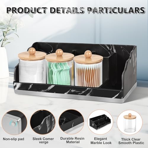 TuCao Marble Bathroom Countertop Organizer, Toothbrush Holders for Bathroom with 3PCS Qtip Holder Dispenser and Toothpaste Holder Drainage for Bathroom Accessories Organization Counter Vanity Storage - color: Marble Black, size: 3 Cups