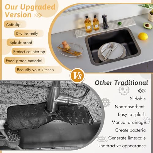 Stone Faucet Mat Handle Drip Catcher, Dish Drying Mat Soap Sponge Holder Tray for Kitchen Accessories, Bathroom Counter Sink Splash Guard, Home Organization Gadgets Organizer for Farmhouse, Ash Gray - size: 20" x 3.9"
