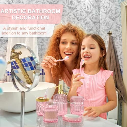 Pink Bathroom Accessories Set, 5Pcs Clear Glass Pink Bathroom Decor with Lotion Soap Dispenser, Soap Dish, Tumbler, Cotton Swab Jar, Toothbrush Holder for Bathrooms Set Modern Crystal Vintage Gift - style: Pink