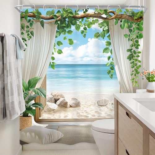 Newsely Ocean Beach Shower Curtain 60Wx72L Inch Beachy Tropical Coastal Blue Sea Summer Hawaiian Nature Landscape Green Leaves Bathroom Set Modern Waterproof Bath Decoration Accessories Home Decor - color: B-01beach, size: 60"W x 72"L (Pack of 1)