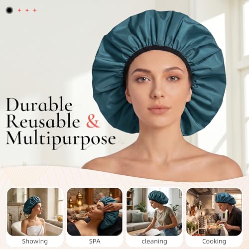 Extra Large Shower Cap for Women, Reusable Waterproof Shower Bonnet with Satin Lining, Double Layer Washable Bath Hair Cap for Braids, Locs, Long Thick Curly Hair, Natural Hair(Big Blue Zircon) - color: Blue Zircon