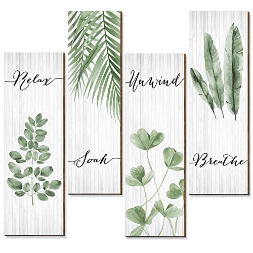Yookeer Botanical Bathroom Wall Art Decor 4 Pieces Relax Soak Unwind Breathe with Boho Leaf Print Minimalist Sign Wooden Hanging Wall Art Decor for Farmhouse Home Bathroom(11 x 3.5 Inch,Green) - size: 11 x 3.5 Inch