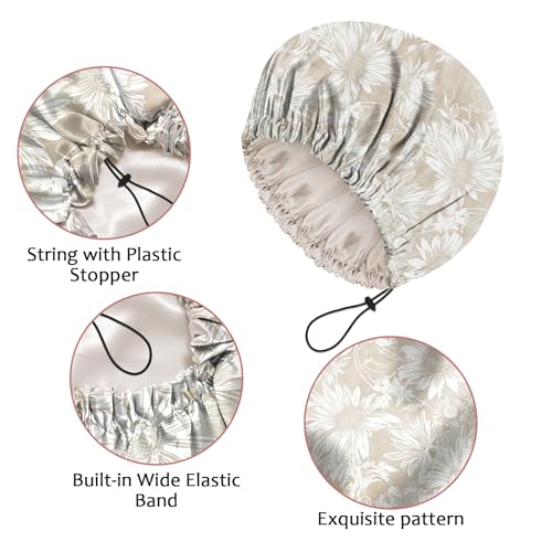 Luxury Shower Cap Satin Silk Lined Adjustable Elastic Reusable Waterproof Shower Bath Cap Cute for Women Girls-Golden Sunflower - color: AK12-Golden Sunflower