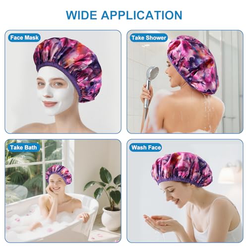 Upgraded Waterproof Terry Shower Caps, Reusable Shower Cap for Women with Long Hair, Soft Absorbent Hair-Protecting Towel Lining Bath Cap, Large Leak-Proof Hair Cap with Fashionable Print Outer-Purple - color: Purple