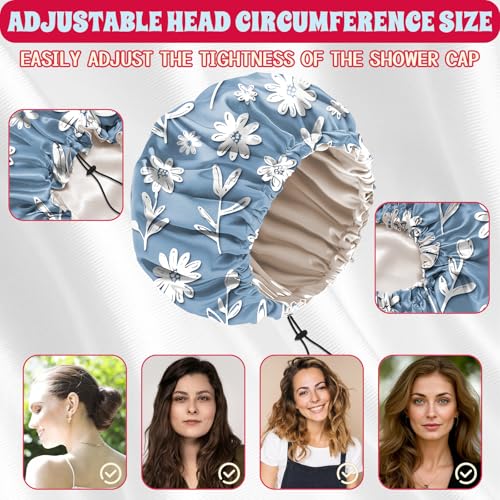 Luxury Shower Cap Satin Lined Reusable Waterproof Double Layer Elastic Adjustable Hair Bath Cap Cute Aesthetic Women Girls-Bule - color: F16-Bule