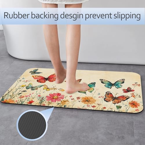 Retro Butterfly Flowers Bathroom Rug 29.5"x17", Super Absorbent Fast Drying Bath Mat with Non-Slip Rubber Backing, Thin Low-Profile Easy-Clean Bathroom Floor Mat for Shower or Tub - color: Retro Butterfly Flowers