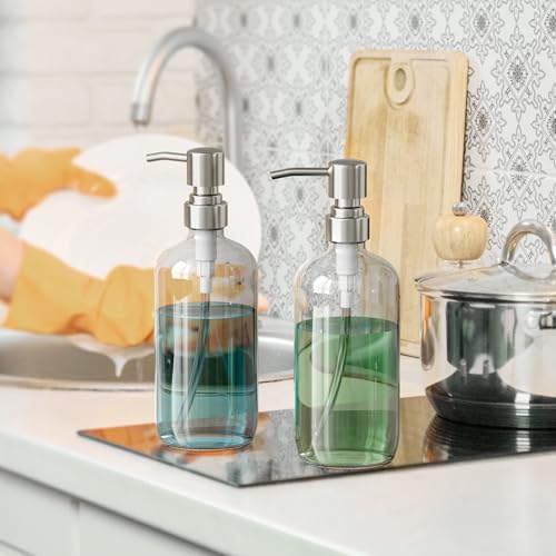AmazerBath Soap Dispenser, 2 Pack Glass Soap Dispenser with Pump Stainless Steel, 17 Oz Hand Soap Bottles Bathroom Kitchen, Clear - color: Brushed Stainless Steel