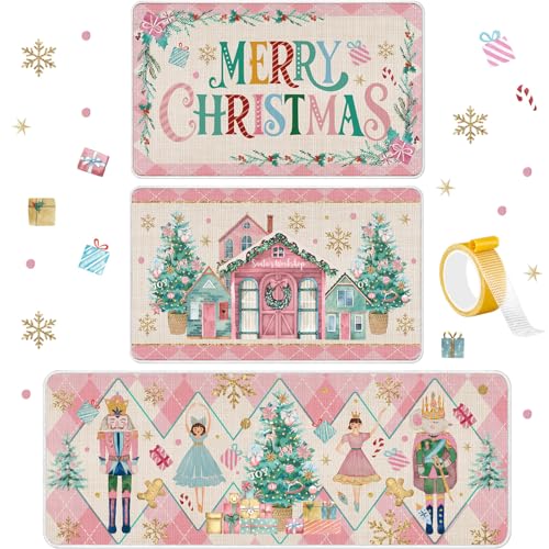 Drydiet 3 Pcs Pastel Pink Nutcracker Christmas Kitchen Rug and Mat Anti Fatigue Nutcracker Floor Mats Non Slip Washable Farmhouse Doormat Pastel Pink Christmas Decor for Kitchen Home Office Bathroom - color: Pink, style: Nutcracker