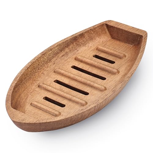 Acacia Wooden Soap Dish with Self Draining, Funny and Modern Multi Shape Design, Soap Holder for Sink Countertop, Shower & Bathroom Soap Tray。 (Boat-5.9"x3.74"x0.86") - size: Boat-5.9"x3.74"x0.86"
