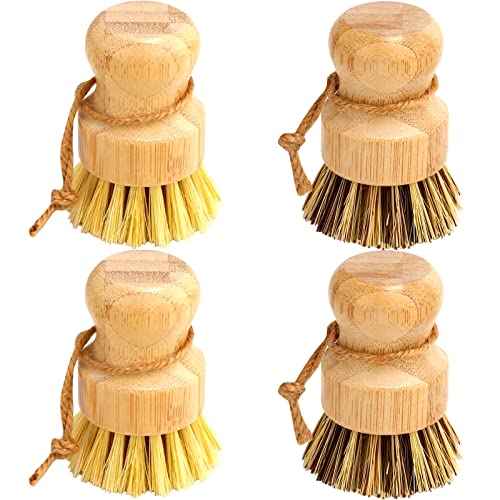 Bamboo Dish Brush Set, 4 Pcs Palm Wooden Dish Scrubber Brush, Dish Brushes, Durable Wood Dishes Scrub Brush, Natural Round Vegetable Cleaning Pots Pans Sink Washing Kitchen Brush by Aisuly - size: 2p Palm+2p Sisal