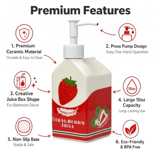 Ceramic Strawberry Dish Hand Soap Dispenser Pump Bottle Bathroom Kitchen | Cute Funny Design, Refillable, Reusable, 300ml/10oz - color: Strawberry