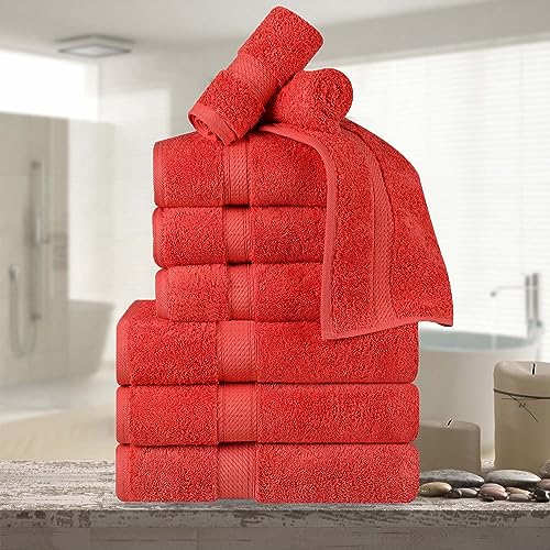 BLUENILEMILLS BNM Madeline Egyptian Cotton Heavyweight Towels, Ideal for Shower, Spa, Hotel, 800 GSM, Face/Washcloths, Hand Towels, Bath Towels, Highly-Absorbent, Luxury, 9 Piece Towel Set, Coral - color: Coral, size: 9-Piece Towel Set