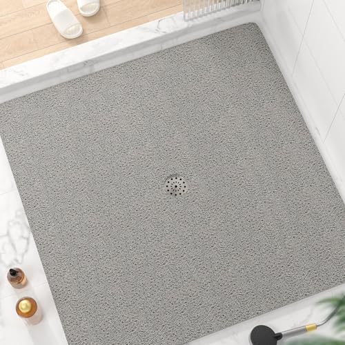 HITSLAM Square Shower Mat, 47 x 47 Inch Non Slip Bath Mat for Tub, Soft PVC Loofah Bathtub Mats with Drain Holes, Quick Drying Bathroom Stall Floor Mat, Bathroom Accessories Without Suction Cup, Grey - color: Grey, size: 47" x 47" (Square)