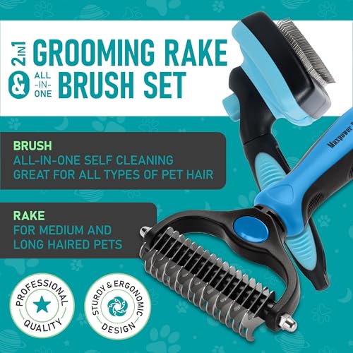 Maxpower Planet Dog Rake and Dog Hair Brush - Gently Removes Loose Undercoat, Mats and Tangled - Deshedding Grooming Tool for Dogs & Cats - Self Cleaning Slicker Brush - All Hair Types - color: A - Rake & Brush (Best Value), size: Large