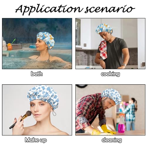 2 PCS Shower Cap Reusable Waterproof Adjustable Double Layer Elastic Dry Hair Bathing Caps Aesthetic Cute for Women Girls-Dinosaur Blue - color: H-14-Dinosaur Blue