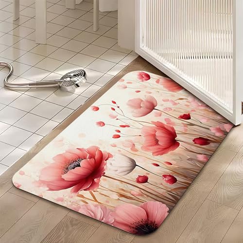 Bathroom Floor Mat,Spring Flowers Bathroom Rugs,Quick Dry Red Pink Floral Diatomaceous Bath Mat,Non Slip Super Absorbent Soft Floor Mat for Home Kitchen Dorm Patio 17 X 29.5 Inch - color: Spring Flowers