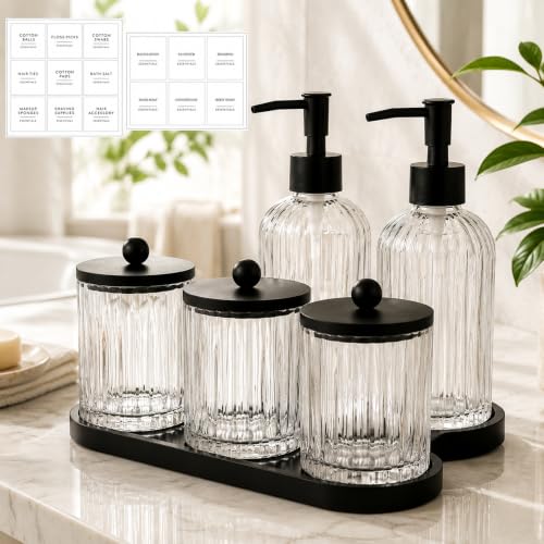 Yaomiao 5 Pack Glass Bathroom Accessories Set, Clear Striped Soap Dispenser, Toothbrush Holder, Cotton Swab Jars with Lids and Vanity Tray for Modern Sink Countertop Decor - color: Clear, style: Striped