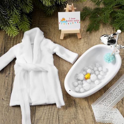 Outus 7 Pcs Christmas Doll Accessories Kit Holiday Doll Bath Clothes Set Include Yellow Bathrobe Bathtub Bath Ball Duck Bubble Card Display Stand for Christmas DIY Activity