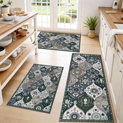 Kitchen Rugs Sets of 3-Non Slip Kitchen Mats for Floor Moroccan Trellis Kitchen Floor Mat Runner Carpet for Hallways Entryway Laundry Room Washable - color: Dark Grey, size: 1" x 1" (Rectangular)
