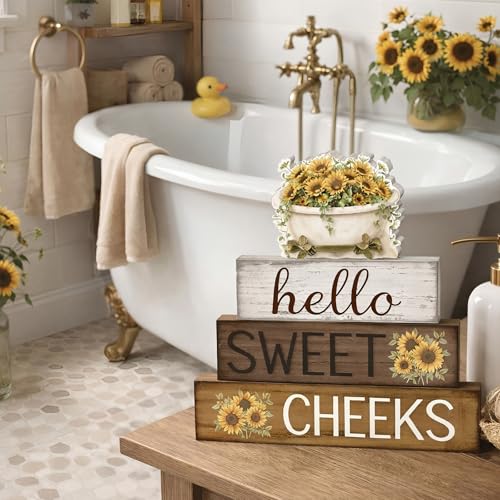 Cinnvoice 4 Pcs Sunflower Bathroom Decor Farmhouse Bathroom Decoration Hello Sweet Cheeks Table Centerpiece Gift for Christmas Valentines Back to School - style: Sunflower Hello Sweet Cheeks
