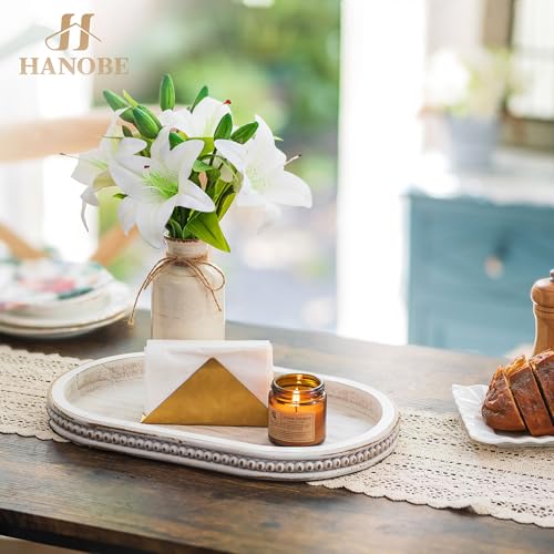 Hanobe Decorative Trays for Coffee Table : White Oval Centerpiece Tray Wood for Farmhouse Entry Table Decor Round Bathroom Tray for Living Room Kitchen Counter - color: Oval Whitewash