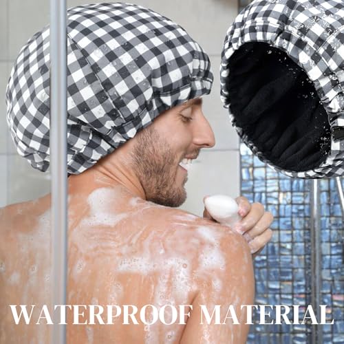 Shower Cap for Men Black White Plaid Bath Cap, Reversible Large Waterproof Adjustable Shower Caps Terry Lining & Elastic Band Stretch Hem Hair Hat - color: Black White Plaid