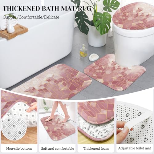 Lnond Pink Bathroom Set, Pink Abstract Cubes Bathroom Accessories Sets Complete, Luxury Restroom Set with Shower Curtain and Rugs, Trash Can, Toilet Brush Holder Set & Soap Dispenser - style: Pink