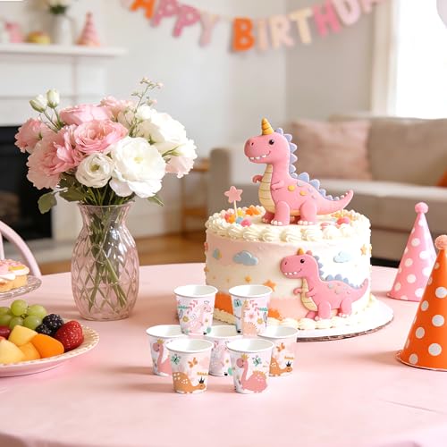 WRAPAHOLIC 3oz Dinosaur Birthday Paper Cups - 100 Pack Disposable Bathroom Cups with Baby Dinosaur 4 Design, Small Mouthwash Cup for Toothbrush Rinse, Home Bathroom and Baby Girl Shower - color: Pink Dinosaur 4 Design