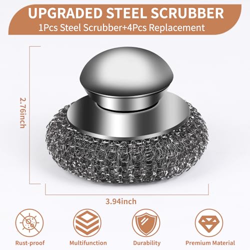 5Pcs Steel Wool Scrubber with Replacement Wire Sponge Pads Set, Stainless Steel Scrubber with Handle for Scouring Stubborn Messes from Cast Iron, Pots, Pans, Grill, Stoves, Sink(1 Scrubber+4 Pads) - size: 1 Handle+4 Pads